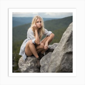 Shy Blonde Mountain Girl On The Big Rock6 Art Print