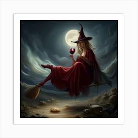 Halloween Witch Drinking Wine Art Print