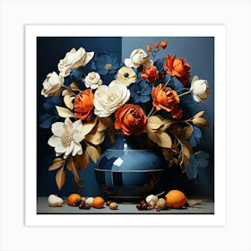 Floral Contemporary Still Life Dark Blue Art Print Art Print