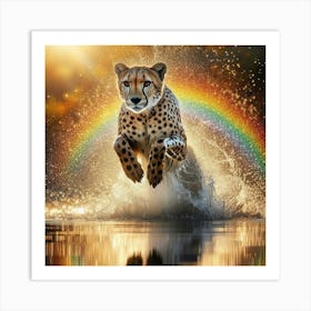 Cheetah Jumping In Water With Rainbow Art Print