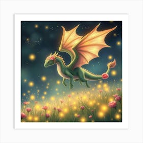 Dreamy Dragon With Wings Of Roses Flying Over A Shimmering Meadow Filled With Glowing Fireflies 1 Art Print