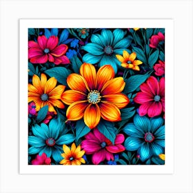 Colorful Flowers, A Vibrant Pattern Bursting With Colorful Flowers Perfect For Those Who Love Nature 1 Art Print