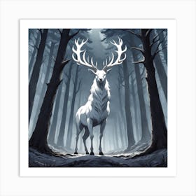 A White Stag In A Fog Forest In Minimalist Style Square Composition 39 Art Print