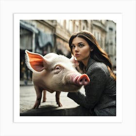 Portrait Of A Woman With A Pig Art Print