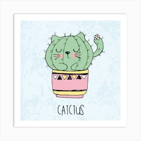 Hand Drawn Sketch Cute Kawaii Cat Cactus In A Flowerpot Art Print