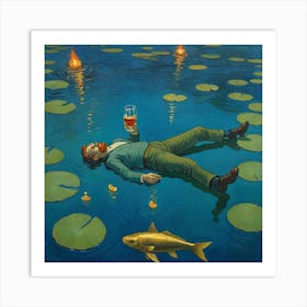 Floating Serenity: A Man Among Water Lilies Art Print