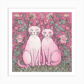 William Morris Inspired Cats Pink Art Print Art Print