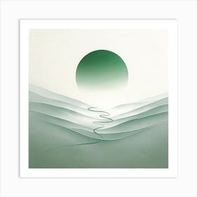 Title: "Serenity Swirl: Abstract Elegance"  Description: "Serenity Swirl" is an abstract artwork that exudes calm and balance through its soft curves and soothing color palette. A harmonious blend of jade green and gentle cream creates a peaceful visual field, while the central swirling line draws the eye across undulating forms that suggest hills or waves. The suspended sphere adds a focal point, reminiscent of a serene sun or tranquil moon, grounding the composition with its presence. This piece is a celebration of minimalist design, offering a tranquil and sophisticated aesthetic that invites viewers to unwind and reflect. It is perfectly suited for contemporary spaces that value elegance, simplicity, and a touch of Zen-like tranquility. Art Print