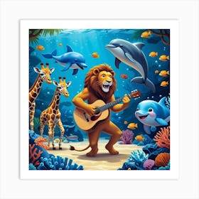 Lion And Dolphins Art Print