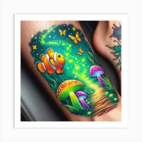 Colorful Fish And Mushrooms Tattoo Art Print