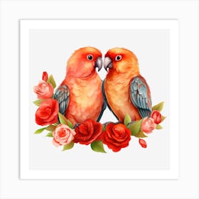 Parrots And Roses 6 Art Print