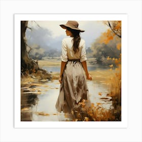 Woman Walking By A River Art Print