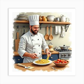 Watercolor Scene Of An Italian Chef Preparing Traditional Pasta In A Rustic Kitchen Art Print