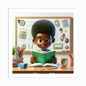 African American 6 years reading book 3D ART 8 Art Print