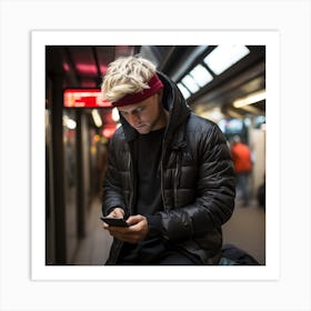 Young Man Using Cell Phone In Subway Station Art Print