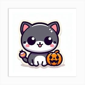 Cute Cat with a pumpkin for halloween - cute, kawaii, anime, cartoon Art Print