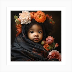 Portrait Of A Little Girl With Flowers Art Print