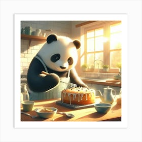 A Panda Bear Baking A Cake In A Sunny Kitchen, Digital Art 1 Art Print