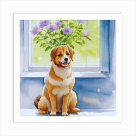 Dog With Flowers Art Print