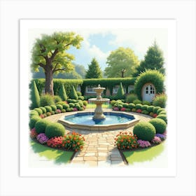 An English Garden With A Classic Stone Fountain And Well Manicured Plants, Watercolor 1 Art Print