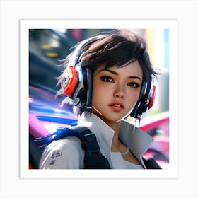 Girl With Headphones Art Print