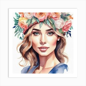 Watercolor Girl With Flowers 1 Art Print