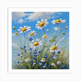 Beautiful Field Meadow Flowers Chamomile Blue Wild Peas In Morning Against Blue Sky With Clouds Nature Landscape Close Up Macro Wide Format Copy Space Delightful Pastoral Airy Artistic Image 0 Art Print