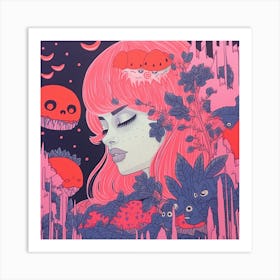 Ethereal Girl Surreal Risograph Illustration, Bubblegum Colours 2, Halloween Forest Art Print