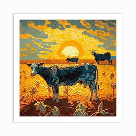 Cows In The Field At Sunset Art Print