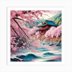 A stunningly vibrant watercolor illustration of a serene Japanese landscape featuring cherry blossoms. The foreground shows a river with gentle waves reflecting the pink hues of the blossoms. 3 Art Print