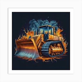 Yellow bulldozer surrounded by fiery flames 11 Art Print