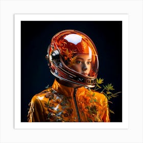 Firefly Striking Portrait, Futuristic Helmet, Glowing Plant, Vibrant, Bright Orange, Dark Background (11) Art Print