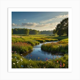 A Vibrant Spring Meadow With Blooming Flowers, Butterflies, And A Clear Stream 1 Art Print