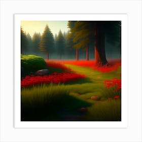 Forest With Red Flowers Art Print