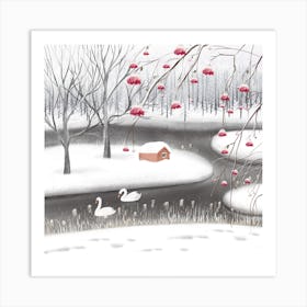 Swans In The Snow Square Art Print
