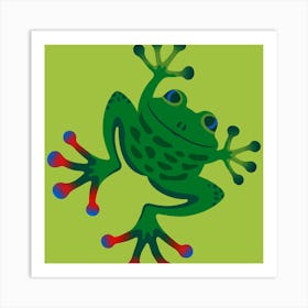 FROGGY SAYS HELLO Cute Smiling Jumping Friendly Frog Amphibian with Big Feet on Lime Green Kids Art Print