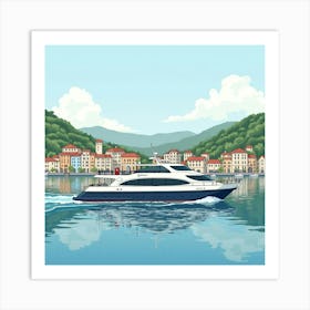 Modern Ferry In A Watercolor Tranquil Seaside Town 1 Art Print