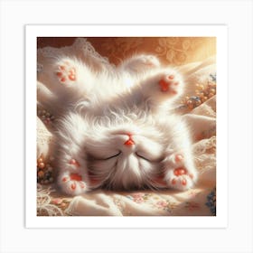 White Cat Sleeping On A Bed 1 Art Print