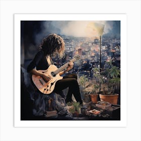 Girl With A Guitar Looking Over City At Night Art Print