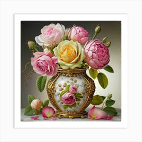 Antique fuchsia jar filled with purple roses, willow and camellia flowers 3 Art Print