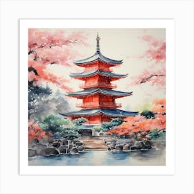 Watercolor Of Japanese Pagoda Art Print