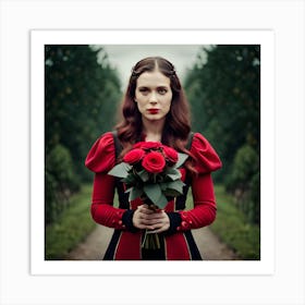 Girl With Red Roses Art Print