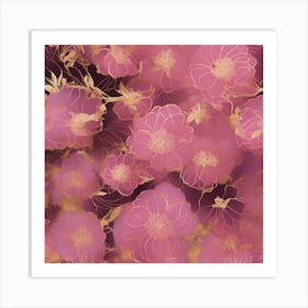 Seamless Pattern Of Elegant Japanese Floral Motifs In Pink, Adorned With Gold Lines Art Print