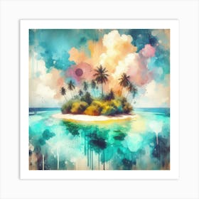 Atoll Serenity, A watercolor painting capturing the vibrant blues and greens of the atoll, with gentle waves lapping against its shores. This artwork would be well-suited for a living room or a spacious hallway where it can be a focal point, bringing in an element of nature and tranquility into your home. 4 Art Print