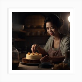 Asian Woman Preparing A Cake Art Print