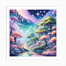 A Fantasy Forest With Twinkling Stars In Pastel Tone Square Composition 435 Art Print