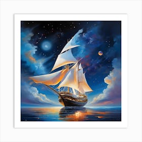 Sailing Ship At Night Art Print