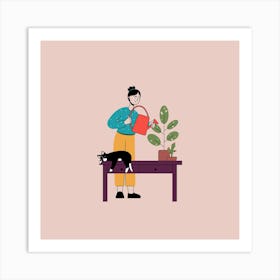 Woman Watering Plants Art Print