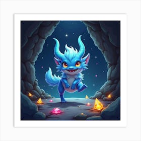 Magical Creature Emerging From A Hidden Cave With Sparkling, Precious Gems 1 Art Print