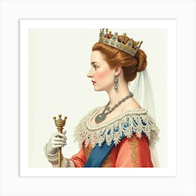 Queen Elizabeth I In Watercolor, Intricate Lace Collar, Royal Scepter 1 Art Print